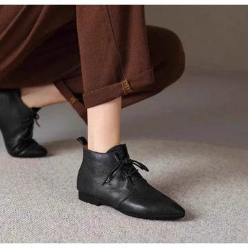 Xajzpa Women's Ankle Boots Solid Color Leather 2026 Autumn Fashion Pointed Toe Lace-up Flat Boots for Women Casual Retro Sewing Shoes